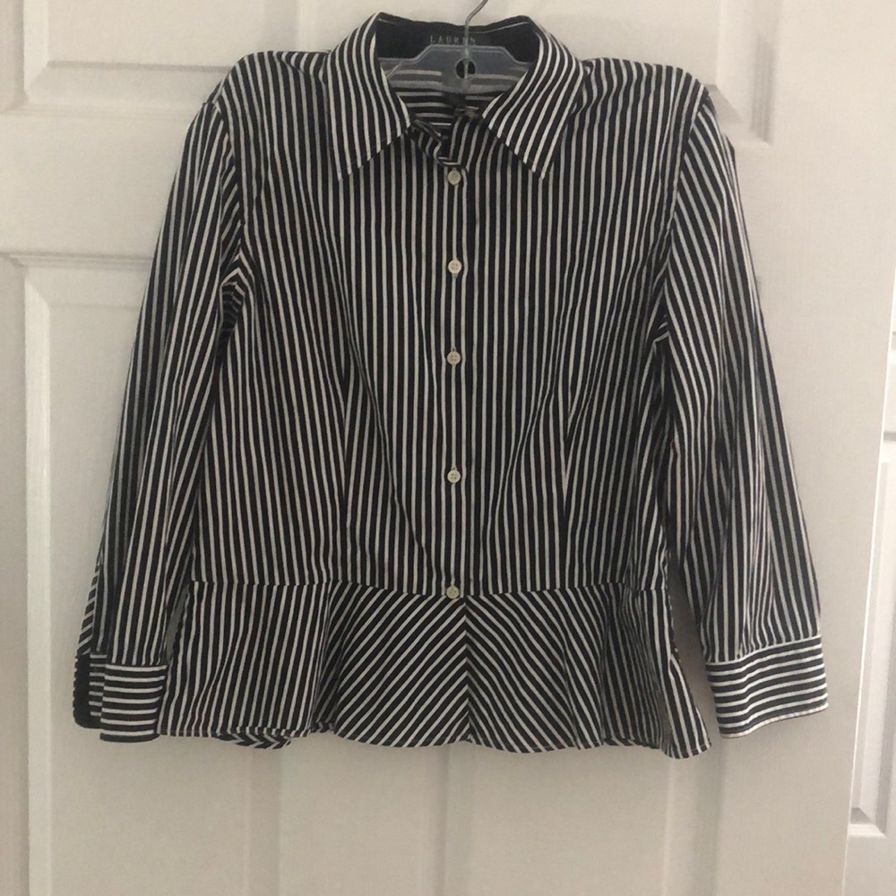 Lauren Ralph Lauren Black and White Striped Peplum Button Down Shirt